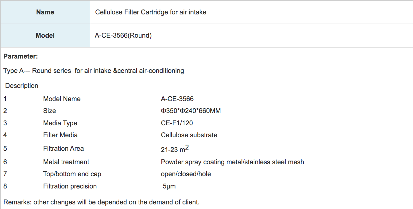 Cellulose Filter Cartridge for air intake - A TYPE