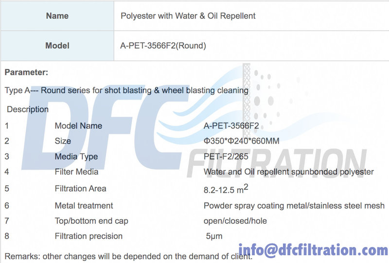 Round polyester filter cartridge, hydrophobic and oleophobic water‑and‑oil‑repellent dust collector filter Round polyester filter cartridge, hydrophobic and oleophobic water‑and‑oil‑repellent dust collector filter