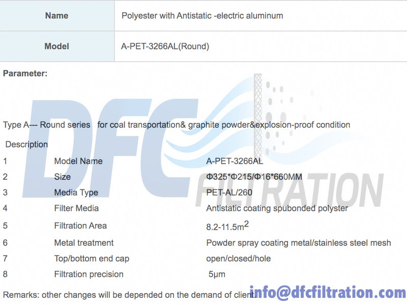 Cylindrical anti‑static filter cartridge, aluminum coated spunbonded polyester for combustible dust collector Cylindrical anti‑static filter cartridge, aluminum coated spunbonded polyester for combustible dust collector
