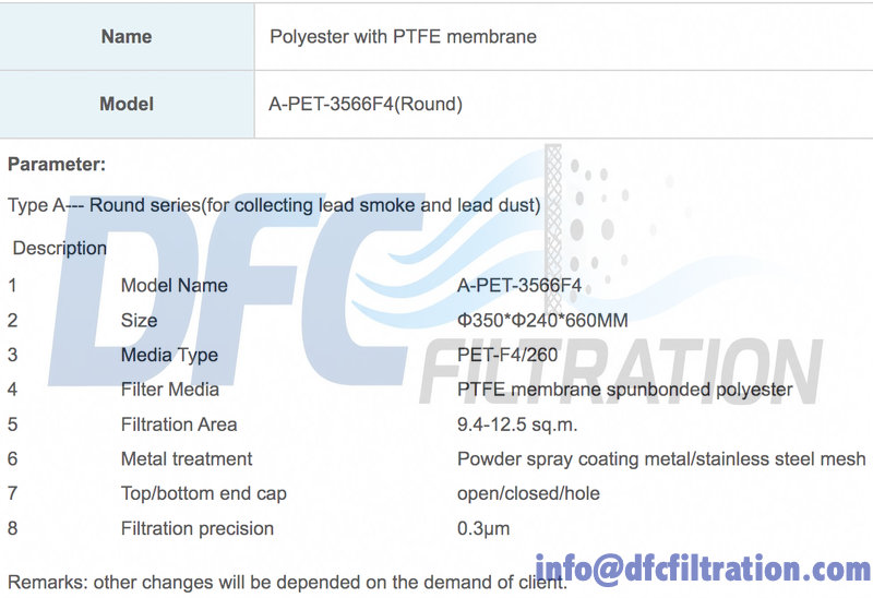Cylindrical spunbonded polyester filter cartridge with PTFE membrane, high efficiency dust collector filter