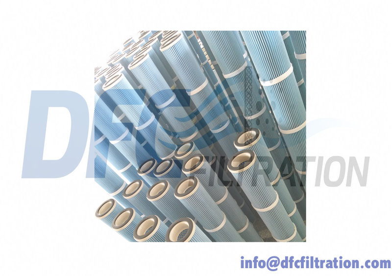 Slender threaded bottom-load dust collector filter cartridge, polyester nonwoven with optional nanofiber membrane, for powder conveying